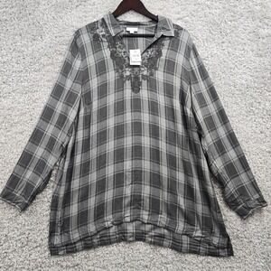 J Jill Shirt‎ Womens XL Gray Tunic Plaid Embroidered Pullover Long Sleeve New